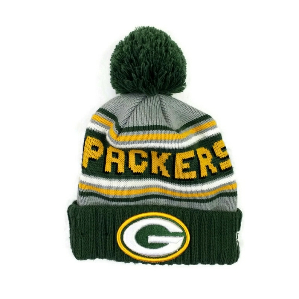 New Era Green Bay Packers Green Gold Striped Spell Out Sock Beanie Pom Hat Youth